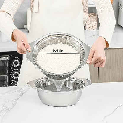 Paoli 304 Stainless Steel Fine Mesh Colander Set, 2.5QT Large Capacity Strainer with Mixing Bowl — Rinse Fruits, Veggies, Rice & Drain Pasta, Dishwasher Safe (2-Piece) - color: Primary color with handle, size: 2.5qt