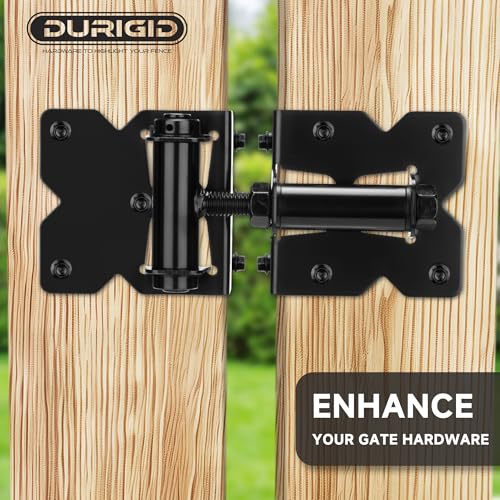 Self Closing Gate Hinges, Spring Loaded Gate Hinges, Shed Door Hinges for Vinyl/Wood Fence/Steal Gate, Self-Tapping Screws and Adjustment Tool, Black Finish, 2 Pack