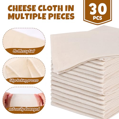 30 PCS Reusable Cheese Cloths for Straining, 20x20 Inch, Organic Cotton Cheese Cloths Unbleached,Cheese Cloth Reusable With Hemmed Edge for Straining Liquid,Cheese Making,Juicing,Baking,Cooking Turkey