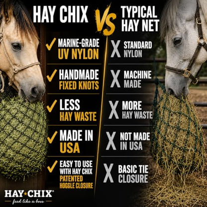 hay chix Half Bale Slow Feed Hay Net for Horses - 1 3/4" Holes - Gold Rope - color: Redemption Gold