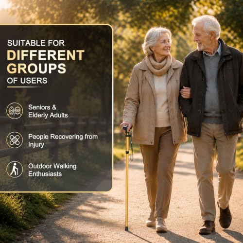 supregear Folding Cane, 5-Level Adjustable Height Walking Stick Lightweight Collapsible Portable Travel Cane with Wrist Strap and T Handle for Elderly Disabled Men Women - color: Gold