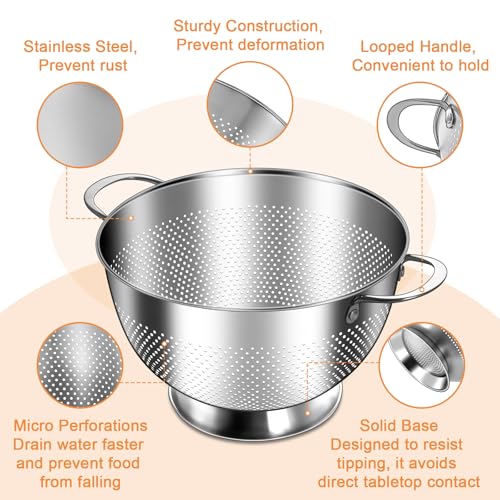 Stainless Steel Colander for Kitchen | 5 Quart Durable Rice and Pasta Strainer with Handle | Oversized Handles | Nesting Design | Rust-Resistant & Dishwasher Safe - size: 5 QT