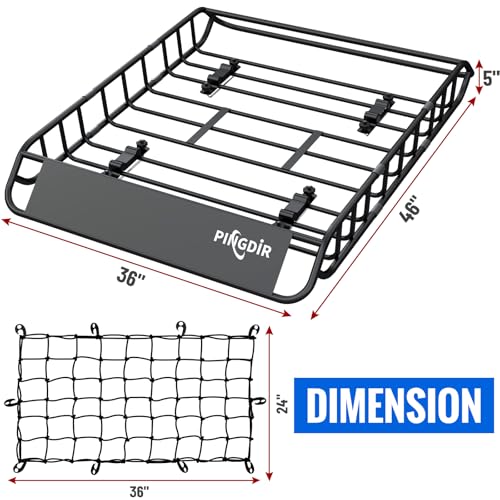 PINGDIR roof Rack Basket Rooftop Cargo Carrier 46"*36" ，Cargo Net with Attachment Hooks, - size: 46 inches