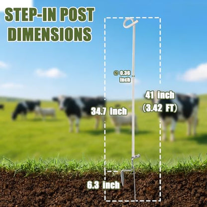 30 Pack Heavy Duty Pig Tail Step in Electric Fence Posts 41" 8mm Steel Farm | Full Insulation Galvanized Steel Portable No Dig Temporary Fence Stakes, Electric Fencing Livestock, Cattle, Horses, Garden
