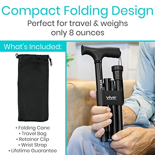 Vive Folding Cane - Foldable Walking Cane for Men, Women - Fold-up, Collapsible, Lightweight, Adjustable, Portable Hand Walking Stick - Balancing Mobility Aid - Sleek, Comfortable - color: Black