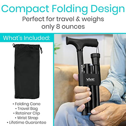 Vive Folding Cane - Foldable Walking Cane for Men, Women - Fold-up, Collapsible, Lightweight, Adjustable, Portable Hand Walking Stick - Balancing Mobility Aid - Sleek, Comfortable - color: Black