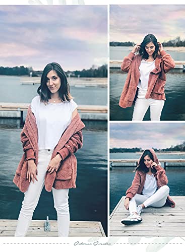 Dokotoo Womens 2025 Winter Long Sleeve Solid Fuzzy Fleece Open Front Hooded Cardigans Jacket Coats Outerwear with Pocket - color: A Pink, size: Medium