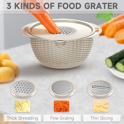4-1 Colander with Bowl & Spoons Set - Rotatable Colander for kitchen with New Upgraded Graters, Food Strainer(Patented) for Pasta, Fruits, Vegetables, Funny Presents for Women, Beige - color: Beige
