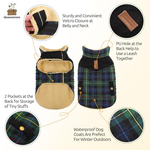 Queenmore Plaid Dog Winter Coat Quilting Warm Cold Weather Puffer Jacket - color: Green Plaid, size: Small