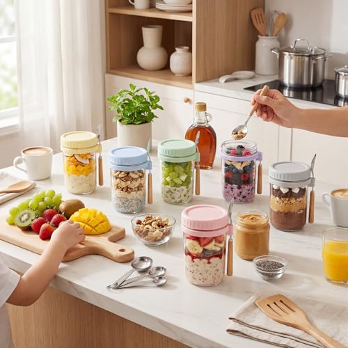 16oz Glass Overnight Oats Containers with Lids & Spoons, 6 Pack MultiColor - color: Misty Colors - 6 Pack