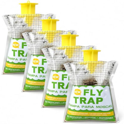 Hanging Fly Traps for Outdoors 4 Pack, Natural Disposable Fly Bags, Non-Toxic Fly Killer Catcher for Outside Yard, Trash Cans, Horse Stables, Barns, Pastures, Farm, Porch & Perimeter Defense.