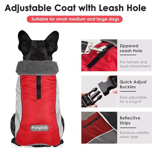 Petglad Dog Coat, Waterproof Ripstop Dog Winter Jacket with Leash Hole, Reflective Adjustable Warm Pet Fleece Snow Sweater for Small Medium Large Dogs - Red, S - color: Red, size: S