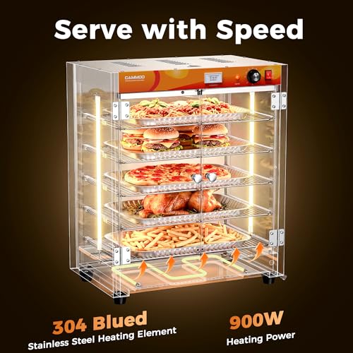 CAMMOO 133Qt 5-Tier 900W Electric Food Warmer with LED Light and 304 Blued Stainless Steel Heating Element, Commercial-Graded All Stainless Steel, Adjustable Shelf, Countertop Heated Holding Cabinet