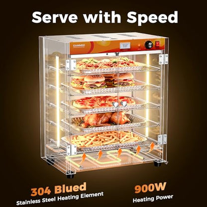 CAMMOO 133Qt 5-Tier 900W Electric Food Warmer with LED Light and 304 Blued Stainless Steel Heating Element, Commercial-Graded All Stainless Steel, Adjustable Shelf, Countertop Heated Holding Cabinet
