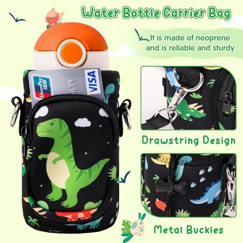 Water Bottle Carrier Bag with Strap for Kids - Water Bottle Bag Holder with Padded Strap Pocket 10/12/14/16/18Oz for Boys Girls School Walking Hiking Camping - style: Dinosaur