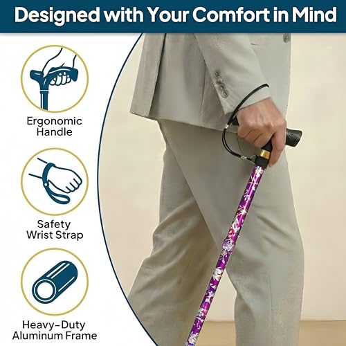 Walking Cane with LED Light, Foldable,Adjustable, Self Standing Walking Canes for Men & Women,Walking Sticks with Quad Base for Seniors & Adults - color: Purple flowers