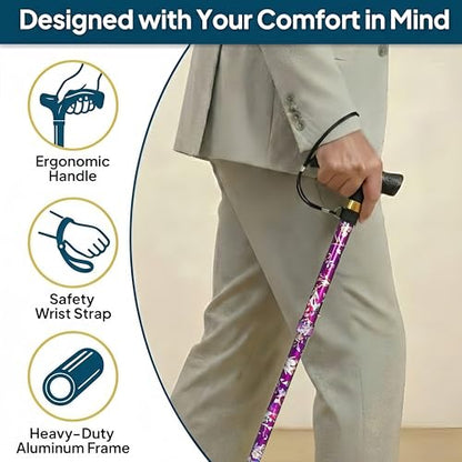 Walking Cane with LED Light, Foldable,Adjustable, Self Standing Walking Canes for Men & Women,Walking Sticks with Quad Base for Seniors & Adults - color: Purple flowers