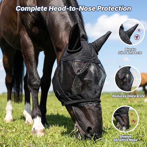 Horse Fly Mask with Ears & Detachab Nose Cover, Medium - size: Medium