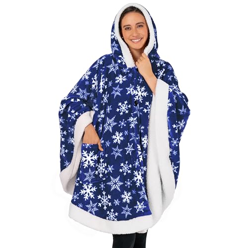 PAVILIA Hooded Blanket Poncho, Fleece Wearable Shawl Wrap, Snowflake Blue | Fleece Shawl Wrap with Hood, Adult Wearable Blanket, Cozy Warm Poncho Cape Throw with Pockets, Gift for Elderly Mom - color: Snowflake Blue