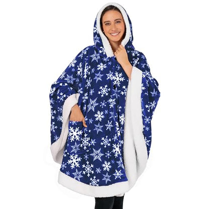 PAVILIA Hooded Blanket Poncho, Fleece Wearable Shawl Wrap, Snowflake Blue | Fleece Shawl Wrap with Hood, Adult Wearable Blanket, Cozy Warm Poncho Cape Throw with Pockets, Gift for Elderly Mom - color: Snowflake Blue