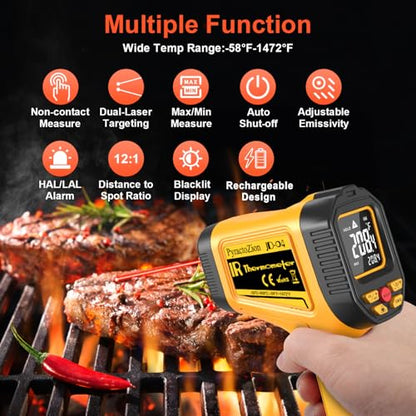 Rechargeable IR Thermometer Gun, -58°F~1472°F Non-Contact Laser Thermometer Gun, High Accuracy Digital Infrared Temperature Gun for Cooking, Griddle, Oven, Meat Food, HVAC, Automotive, Industrial Use - color: Orange