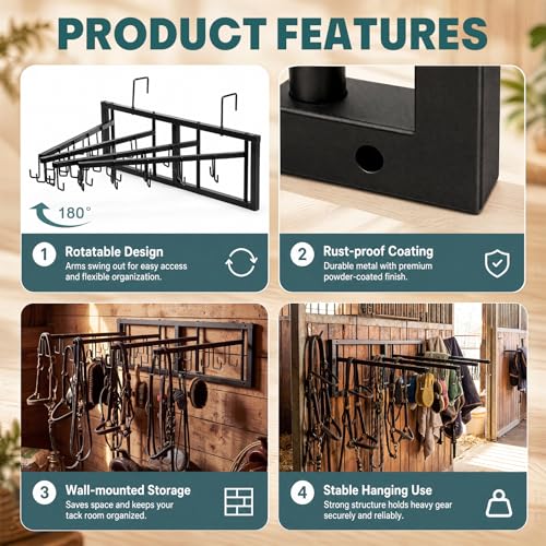 40 Hook Horse Tack Rack Heavy Duty Metal Bridle Organizer with 4 Swivel Arms, Wall Mount & Stall Rail Hanging Storage for Bridles Halters Reins Equestrian Barn Stable Equipment