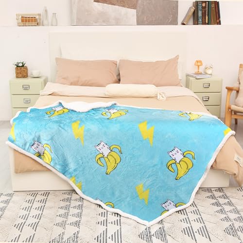 Catalonia Banana Cat Print Sherpa Fleece Throw Blanket, Soft Mink Plush Couch Blanket, Fuzzy Fluffy Comfy Warm Throws, Comfort Caring Gift, 50x60 inches - color: Banana Cat Blue, size: 50"x60"