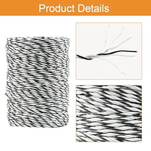 Electric Fence Polywire, 656ft (200m), 3 Aluminum Strands, UV-Resistant PVC, 0.1in (2.5mm) Diameter, 256 lbs Tensile Strength, for Livestock and Rotational Grazing, White and Black - size: 656 FT