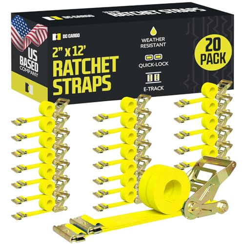 DC Cargo Mall E Track Ratchet Straps Cargo Tie-Downs, (Pack of 20) 2 x 12 Heavy Duty Yellow Tie-Down Rachet Straps, Strong Ratchet Strap, E Track Spring Fittings, Tie Down Motorcycle - size: 20 - Pack