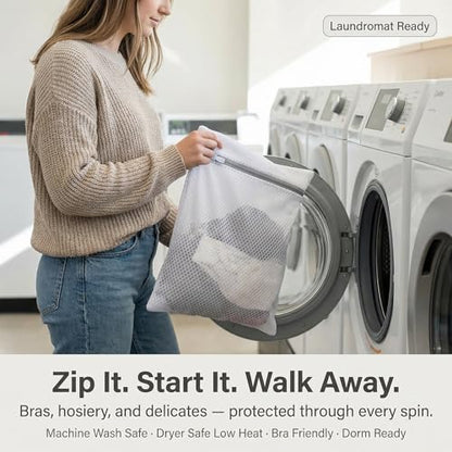 Mesh Laundry Bags for Delicates, 3 Pack, 12 x 16 Inches | Honeycomb mesh protects bras, lingerie, and underwear from snags — zippered closure stays secure throughout the wash cycle