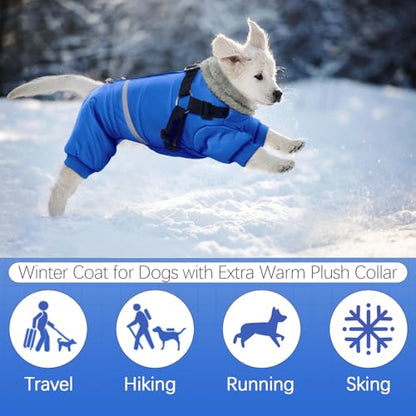 BRKURLEG Blue Dog Winter Coat, Cozy Winter Dog Jackets, Small Dogs Coat with Harness, Onesie Body Warm Puppy Christmas Jacket, Pet Reflective Cold Weather Jackets, Puppy Four-Legged Puffer Coats, M - color: Blue, size: Medium