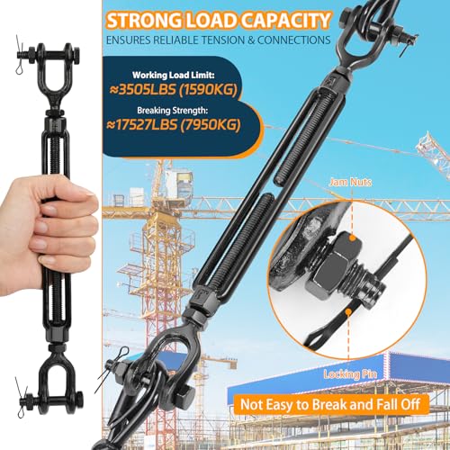 5/8" Cable Turnbuckle, Black Jaw and Jaw Turnbuckles - 3505 lbs WLL - size: 2 Pcs 5/8” x 19.2”