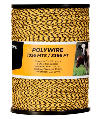 TRAE Electric Fence Polywire 3366 Feet (1026 Meters) | 6 Stainless Steel Strands for High Conductivity & Rust Resistance | 3mm UV-Resistant Poly Wire for Farms, Gardens, Horses & Pets
