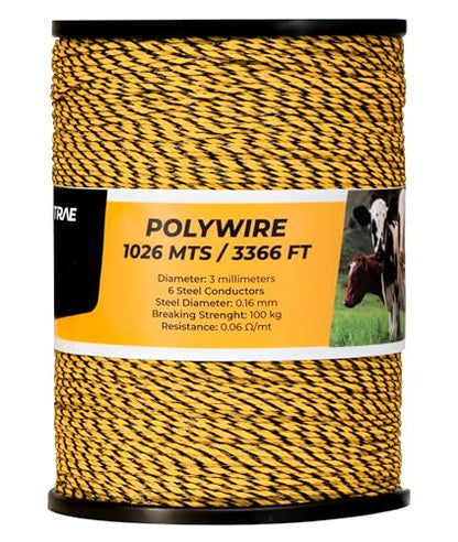 TRAE Electric Fence Polywire 3366 Feet (1026 Meters) | 6 Stainless Steel Strands for High Conductivity & Rust Resistance | 3mm UV-Resistant Poly Wire for Farms, Gardens, Horses & Pets