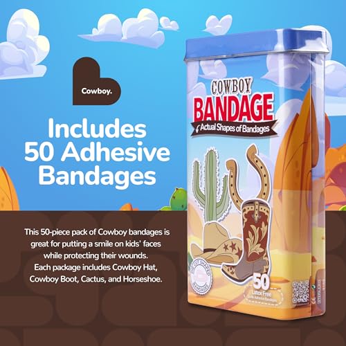 BioSwiss Bandages, Cowboy Shaped Self Adhesive Bandage Set, Latex Free, Sterile Wound Care, 50 Count - color: Cowboy, size: 50-Count Tin