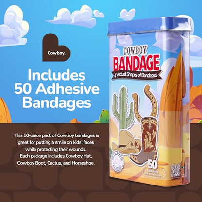 BioSwiss Bandages, Cowboy Shaped Self Adhesive Bandage Set, Latex Free, Sterile Wound Care, 50 Count - color: Cowboy, size: 50-Count Tin