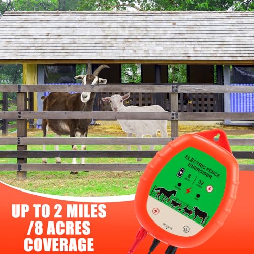 8 Mile Electric Fence Kit for Livestock, 12kv 2J Electric Fence Charger 50 Black Insulator 1 Socket Tool 250ft Aluminum Wire for Predators Deterrent Farm Fencing System