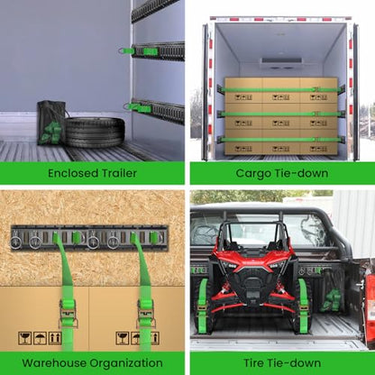 E Track Tie-Down Rail Kit, Trailer Tie Downs, 31 Pcs Set Etrack kit | 4 Rails, 4 Rope Tie Offs, 4 O Ring Anchors, 2 10ft Straps, Securing Accessories for Garages, Vans, Trailers, Cargo (Green) - color: Green