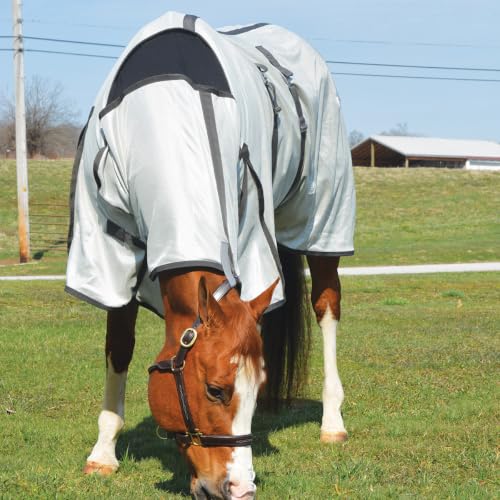 Country Pride Deluxe Mesh Fly Sheet, Full-Coverage Horse Fly Protection, Belly Band, Attached Neck Cover, Shoulder Gussets, Tail Cover, Adjustable Fit, Grey with Silver Trim (70 in) - size: 70 in
