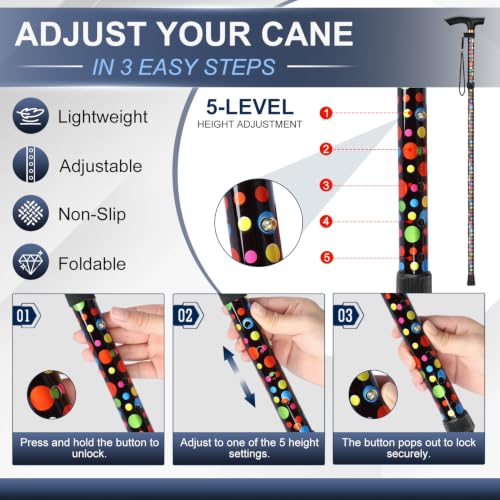 supregear Folding Cane, 5-Level Adjustable Height Walking Stick Lightweight Collapsible Portable Travel Cane with Wrist Strap and T Handle for Elderly Disabled Men Women - color: Black Polka Dots