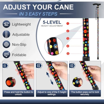 supregear Folding Cane, 5-Level Adjustable Height Walking Stick Lightweight Collapsible Portable Travel Cane with Wrist Strap and T Handle for Elderly Disabled Men Women - color: Black Polka Dots