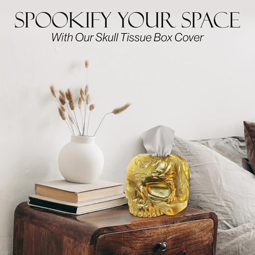 Gothic Skull Tissue Box Cover, Gold, Square by Death Decor - color: Gold