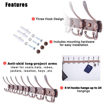 Dseap Coat Rack Wall Mount - 29.5” Long 8-Tri-Hooks Heavy Duty Coat Hanger Rail Wall Hooks for Hanging Coats Hats Clothing Clothes Purse Mudroom Entryway, Pack of 2 - color: Antique Copper, size: L=29.5” (2 Pcs)