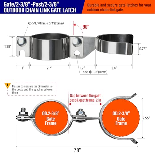 Heavy Duty Stainless Steel 2-3/8" x 2-3/8" Chain Link Fence Gate Fork Latch with Hole for Padlock（Fit 2 3/8" Gate Frame） 1Pack - size: 2-3/8''x2-3/8''-1P