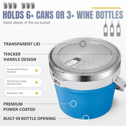 COKTIK 7L Vacuum Insulated Ice Bucket with Lid and Scoop& Tongs，Large capacity Stainless Steel Beverage Bucket for Cocktail, Champagne, Wine, Beer，Large Parties（Blue Suit） - color: Blue Suit