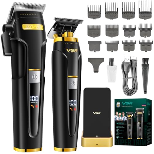 VGR 694S2 Cordless Barber Clipper Trimmer Set with Charging Base, Black | Ceramic and Stainless steel blades, LED Display, Rechargeable Hair Cutting Kit for Barbers & Home Use, 240/200min runtime - color: Black
