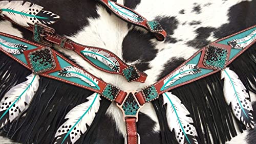 Showman Leather Headstall & Breast Collar Set w/Teal Cut-Out Feather Design Average Full Size Horse