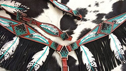 Showman Leather Headstall & Breast Collar Set w/Teal Cut-Out Feather Design Average Full Size Horse
