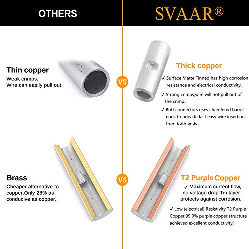 SVAAR 6PCS 0 Gauge Non Insulated Butt Connectors 1/0 AWG Uninsulated Butt Splice Connectors Crimp Repair Butt Splices Kit Tinned Copper Seamless Barrel Butt Splice Terminals & 6PCS 3:1 Heat Shrinks