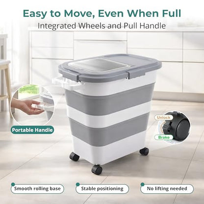 Collapsible Rice Storage Container 25–35 lbs, Airtight, Space-Saving Food Storage Bin with Wheels and Measuring Cup, Easy-Pour Grain Dispenser for Rice, Flour and Pet Food